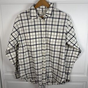 Loft Women's New Plaid Long Sleeve Flannel‎ Button Up Navy Cream Soft Cotton M